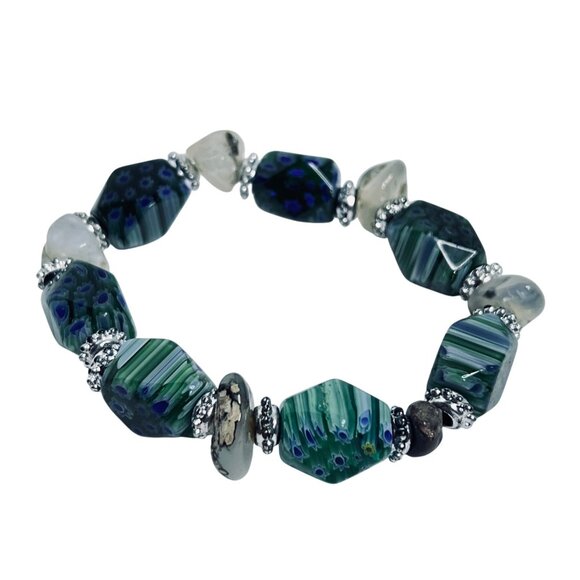 Silver Tone Green Blue & White Millefiori Stretch Bracelet (5802) - Picture 2 of 5